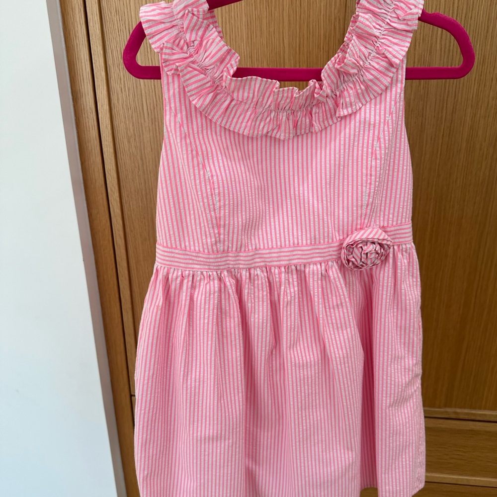 Lilly Pulitzer Pink Striped Ruffle Neck Dress with Rosette, Size 8